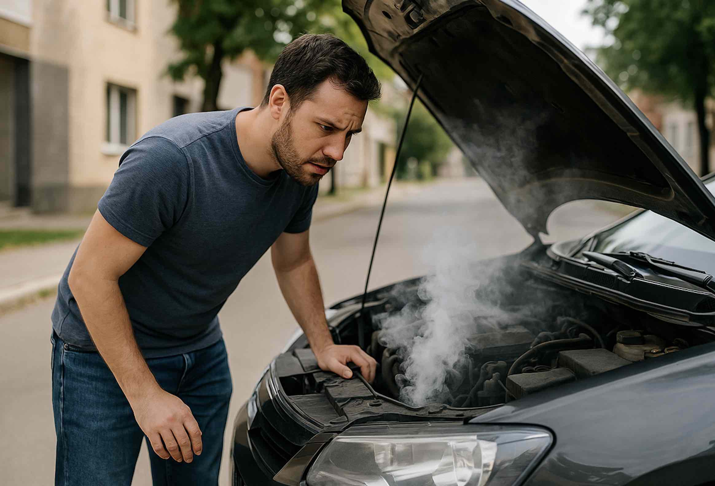 A frustrated person looking at a car with the hood up, symbolizing a car buying mistake.