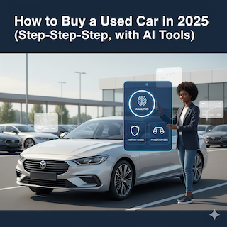 A person confidently buying a used car with the help of AI tools on their phone.