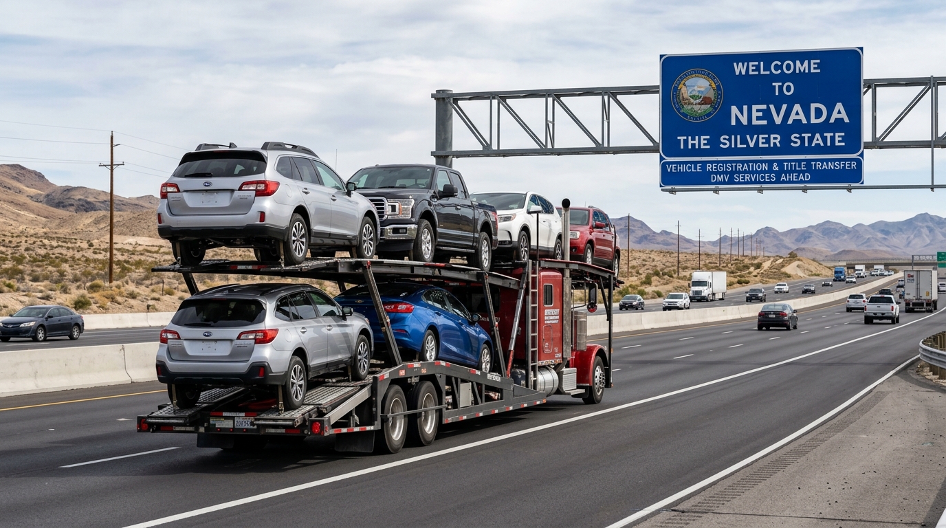Auto transport hauler truck carrying cars across a state line.