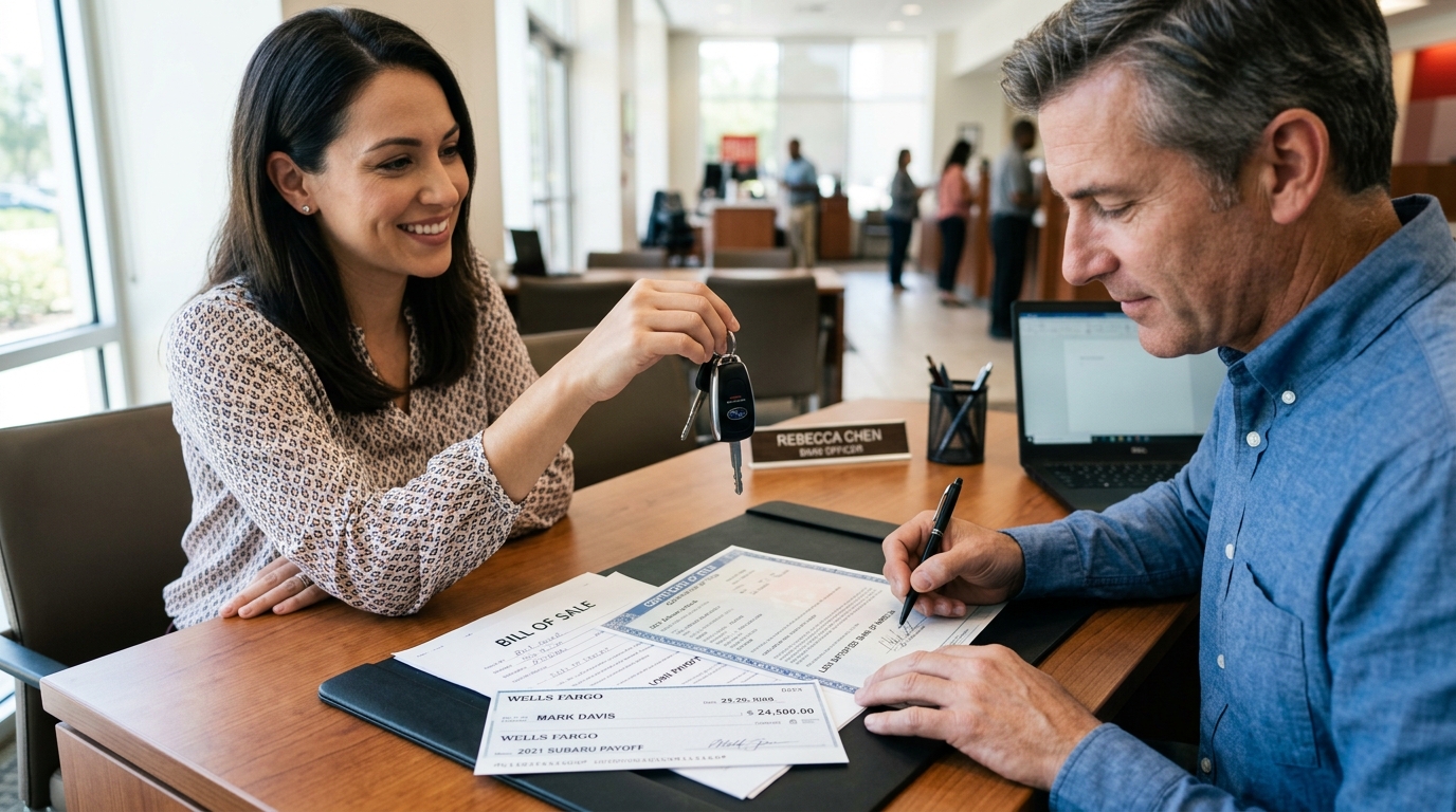 Car buyer and seller signing lien payoff paperwork at a bank desk.