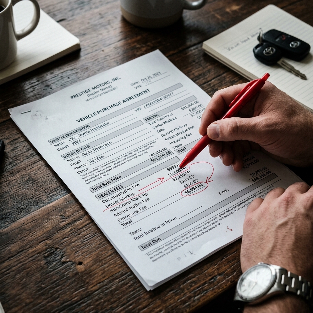 A buyer reviewing a car purchase contract showing highlighted fees and markups