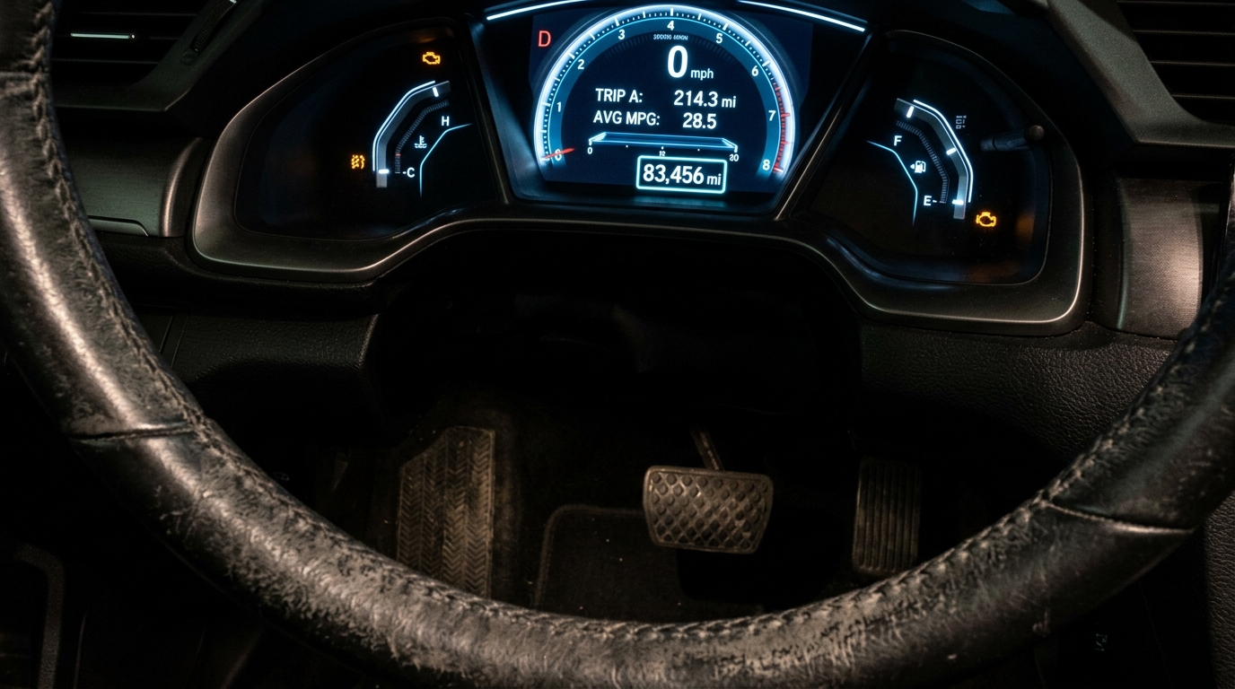 Digital instrument cluster display showing mileage contrasted against pedal and wheel wear.