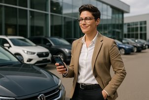 A person smiling while reviewing a car analysis report on their phone, saving money.
