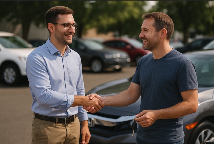 Handshake between a car buyer and seller after a successful negotiation.