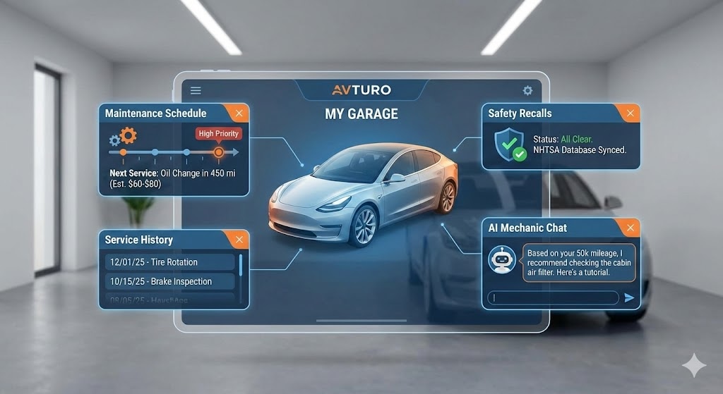 A digital dashboard showing a car's maintenance schedule and health status.