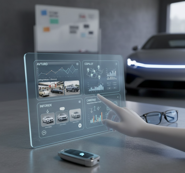 Futuristic dashboard UI comparing AI car-buying assistants analyzing listings.