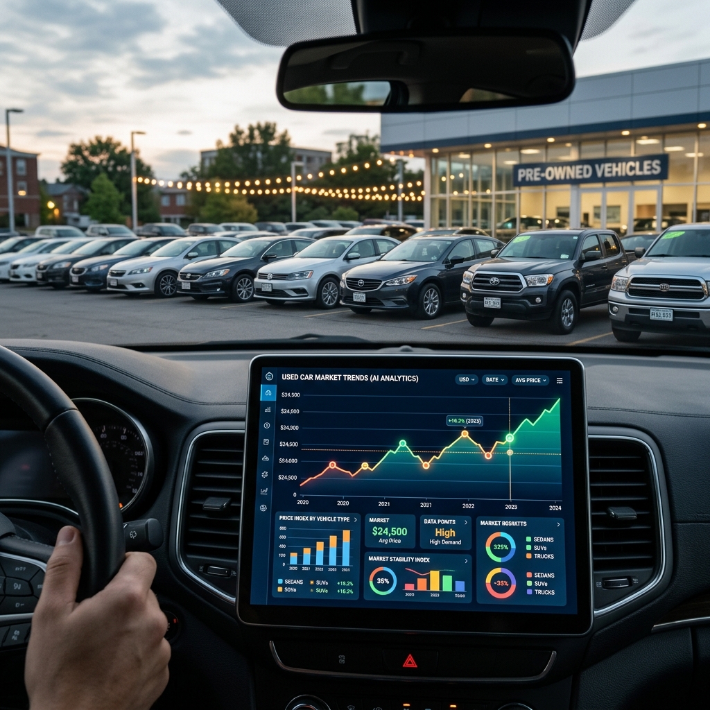 A digital dashboard showing car price trend graphs over a background of a dealership lot.
